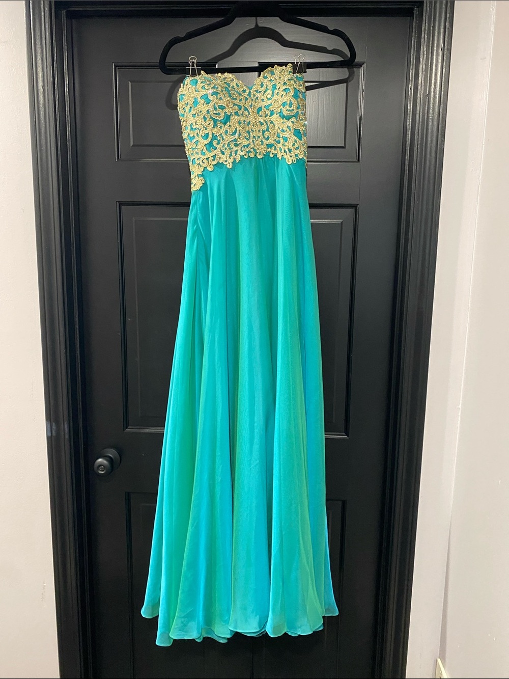 La Femme Strapless Prom Gown with Gold Embellished Bodice